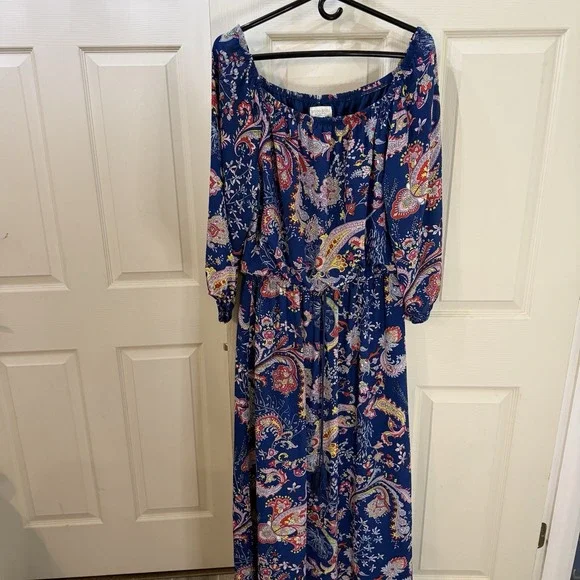 Bisou Bisou Maxi Dress 14 Navy Paisley Colorful Resortware Cruise Career - Picture 1 of 12
